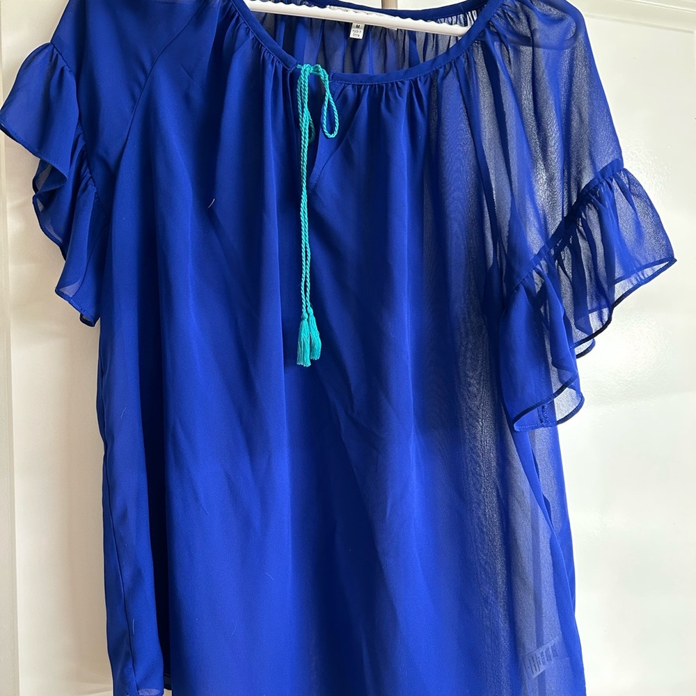 Milly Royal Blue Sheer Blouse with Teal Tie